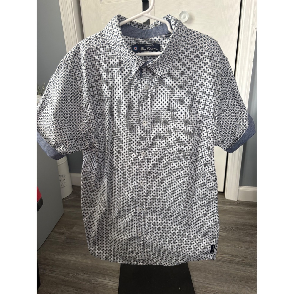 Ben Sherman Navy White Geometric Print Short Sleeve Button Down Shirt L 14/16